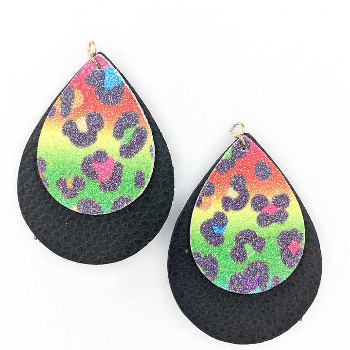 Double Layer Multicolor Leopard Earrings (Teardrop Dangles) - neon