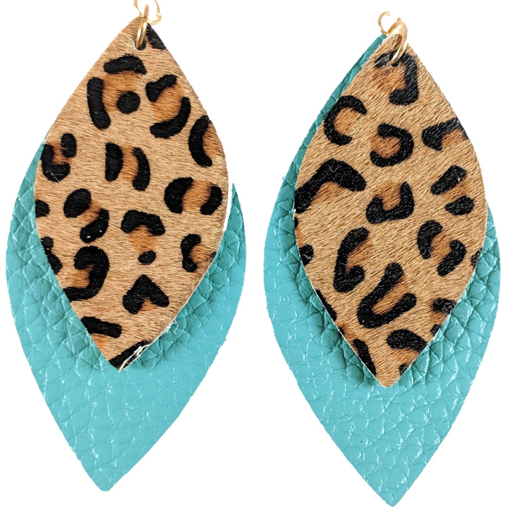 Double Layer Leopard Earrings (Teardrop Dangles) - turquoise and leopard