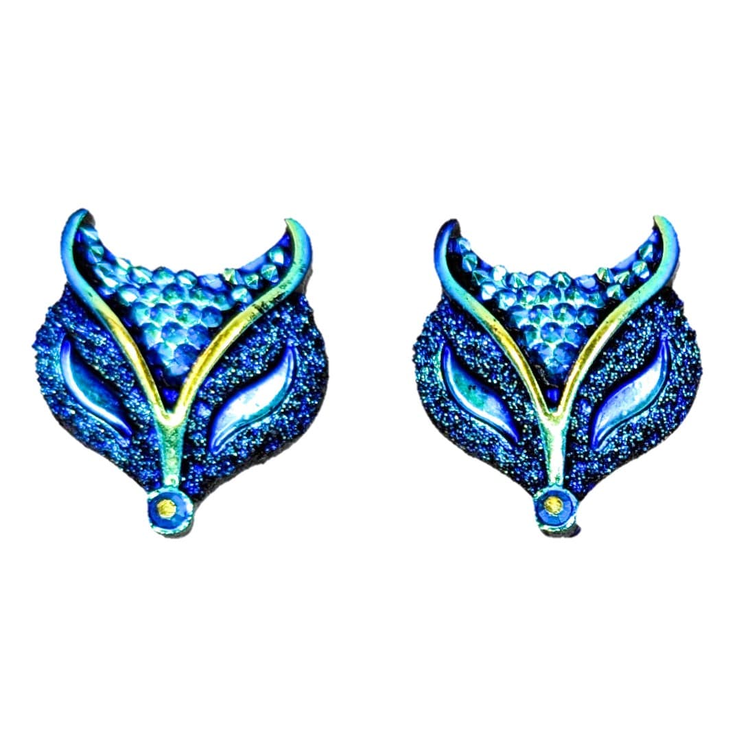 Shiny Fox Head Earrings (Studs) - blue