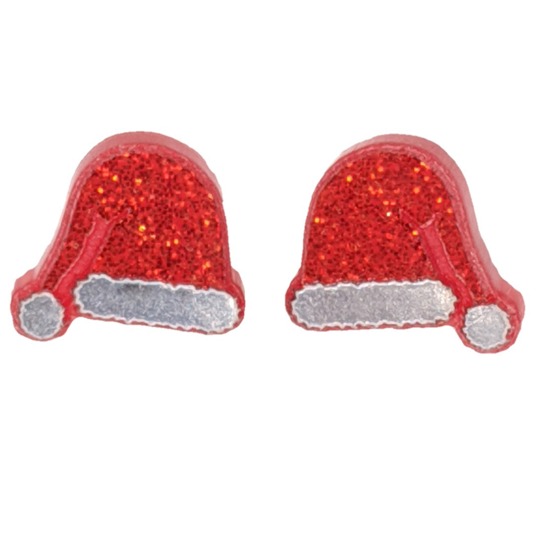 Santa Hat Earrings (Studs) - red and white glitter