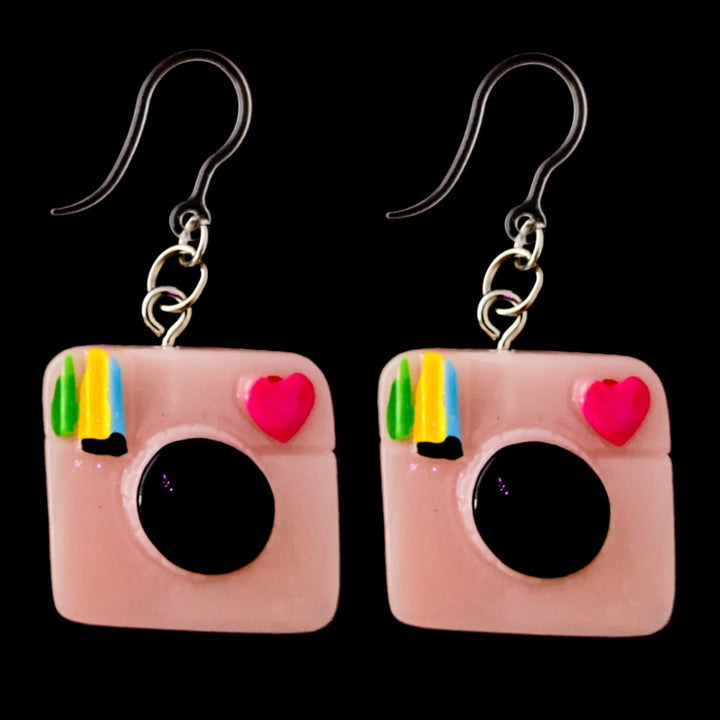 Retro Camera Earrings (Dangles) - pink