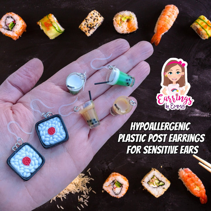 Various sushi and boba earrings