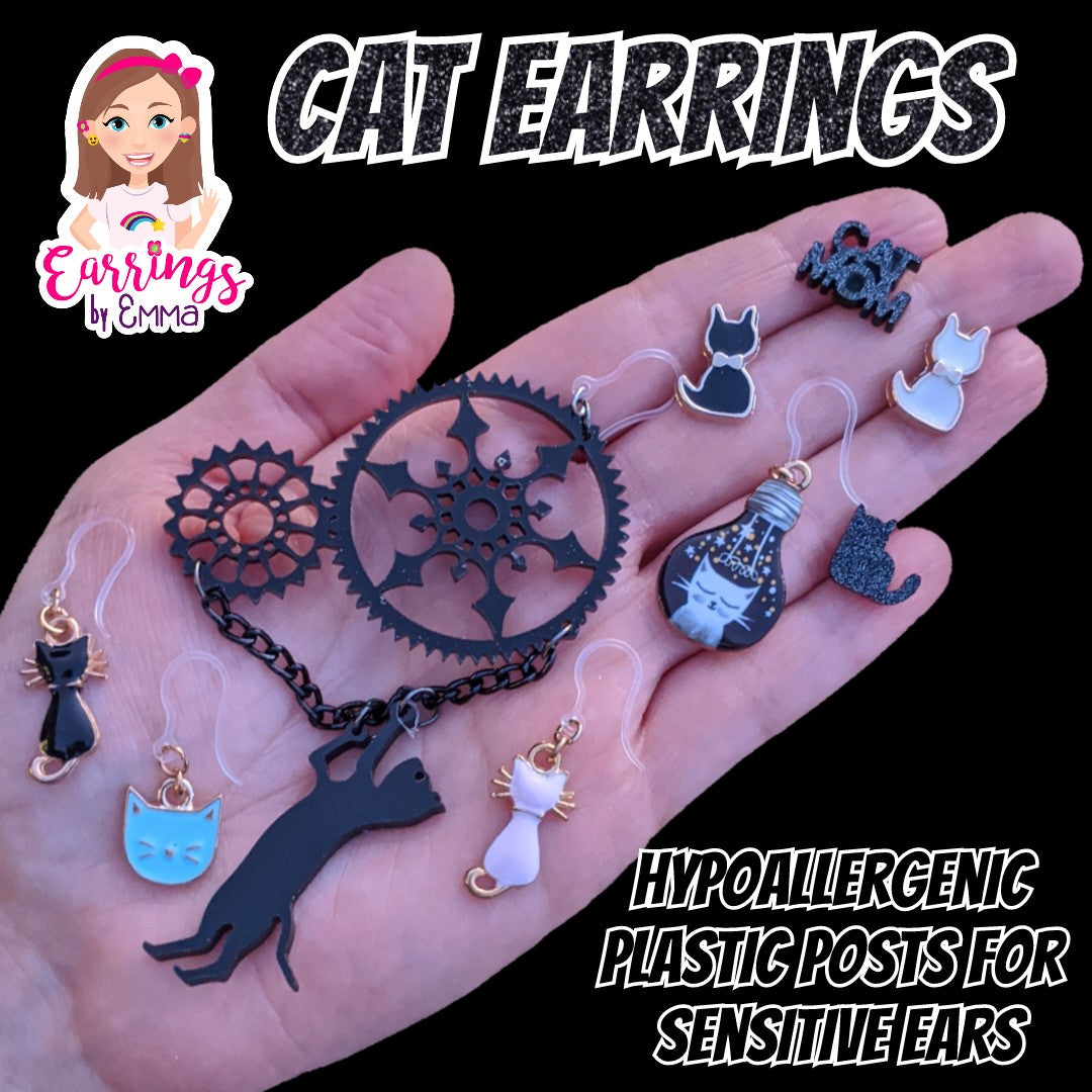 Exaggerated Gear Cat Dangles Hypoallergenic Earrings for Sensitive Ears Made with Plastic Posts