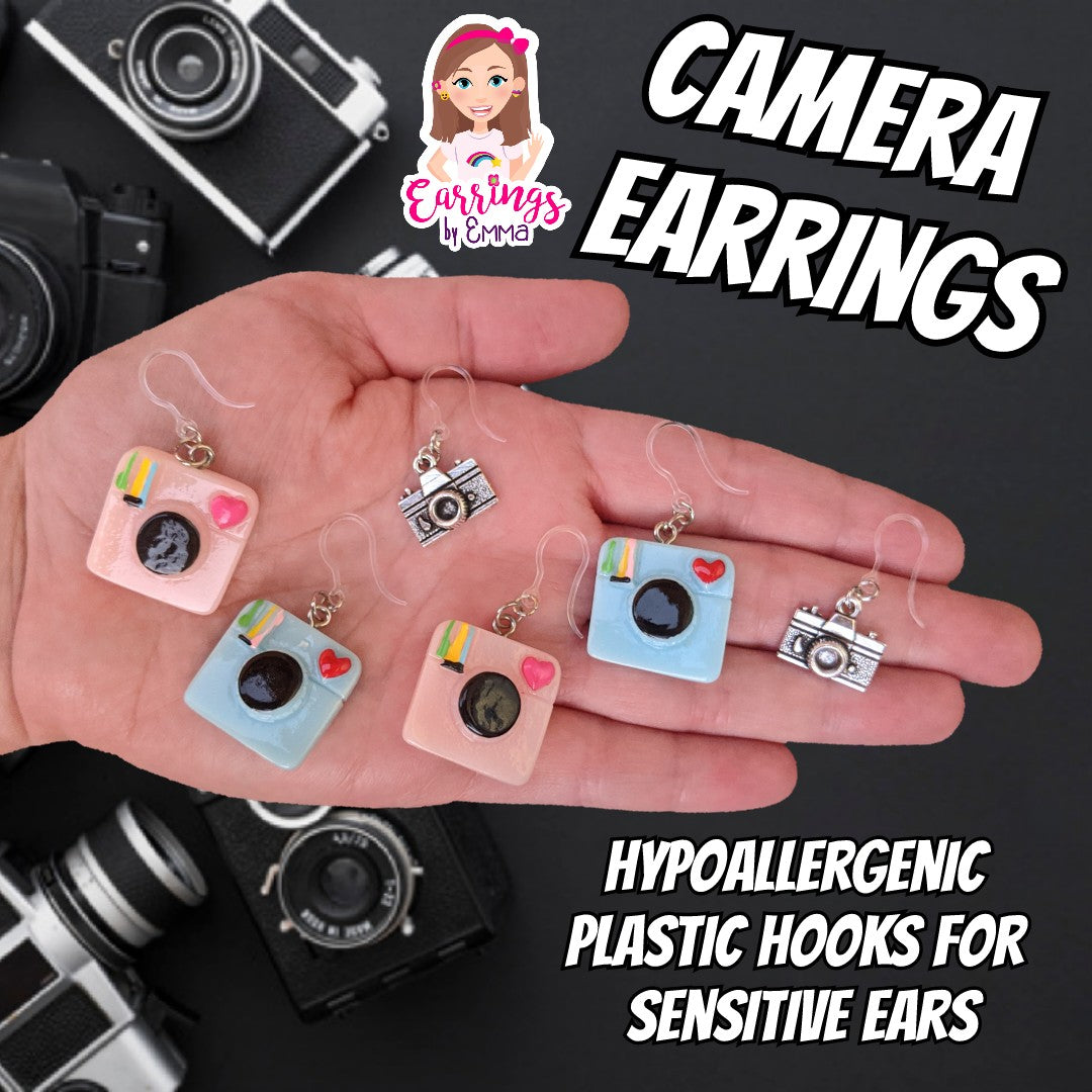Retro Camera Earrings (Dangles) - size comparison hand