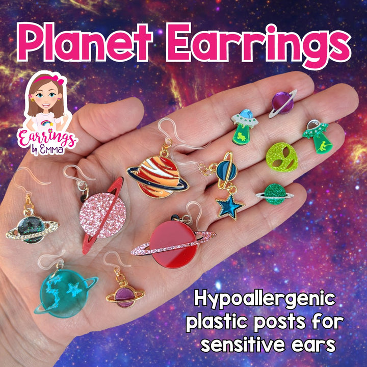 Sparkly Ringed Planet Earrings (Dangles) - size comparison hand