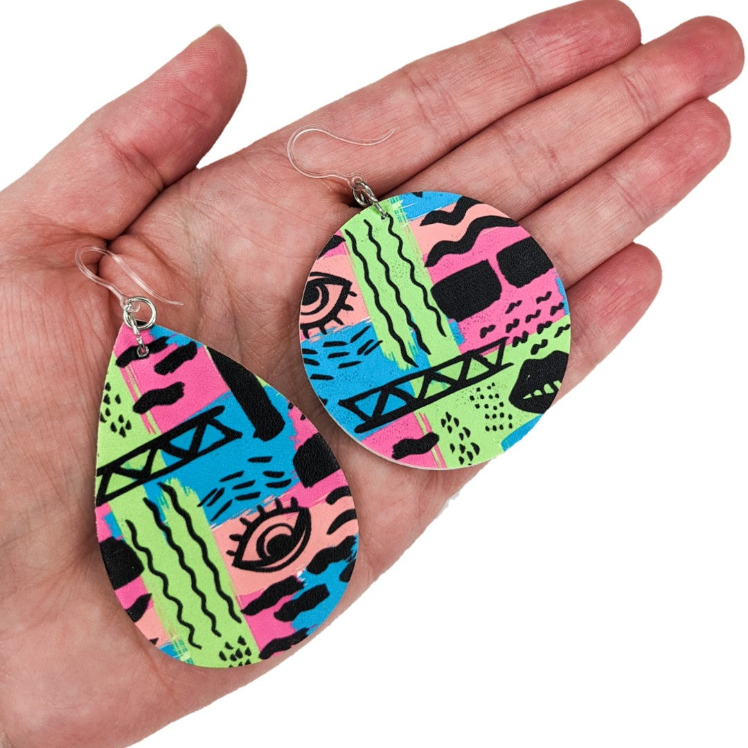 Double-Sided Abstract Art Earrings (Teardrop Dangles) - size comparison hand