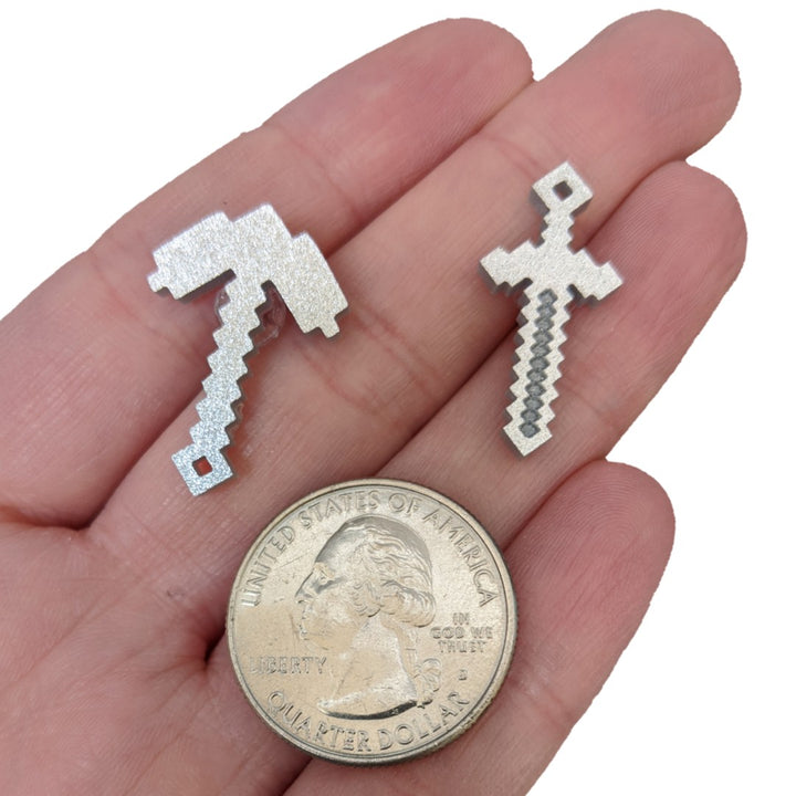 Large Pixelated Tool Earrings (Studs) - size comparison quarter & hand