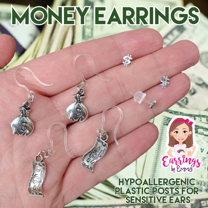 Dollar Bill Dangles Hypoallergenic Earrings for Sensitive Ears Made with Plastic Posts