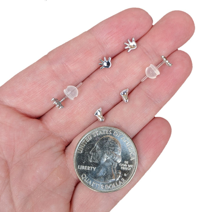 Tiny Hand & Foot Earrings (Studs) - size comparison quarter & hand