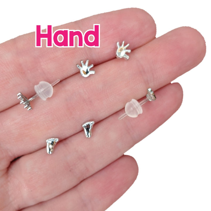 Tiny Hand & Foot Earrings (Studs) - silver hand