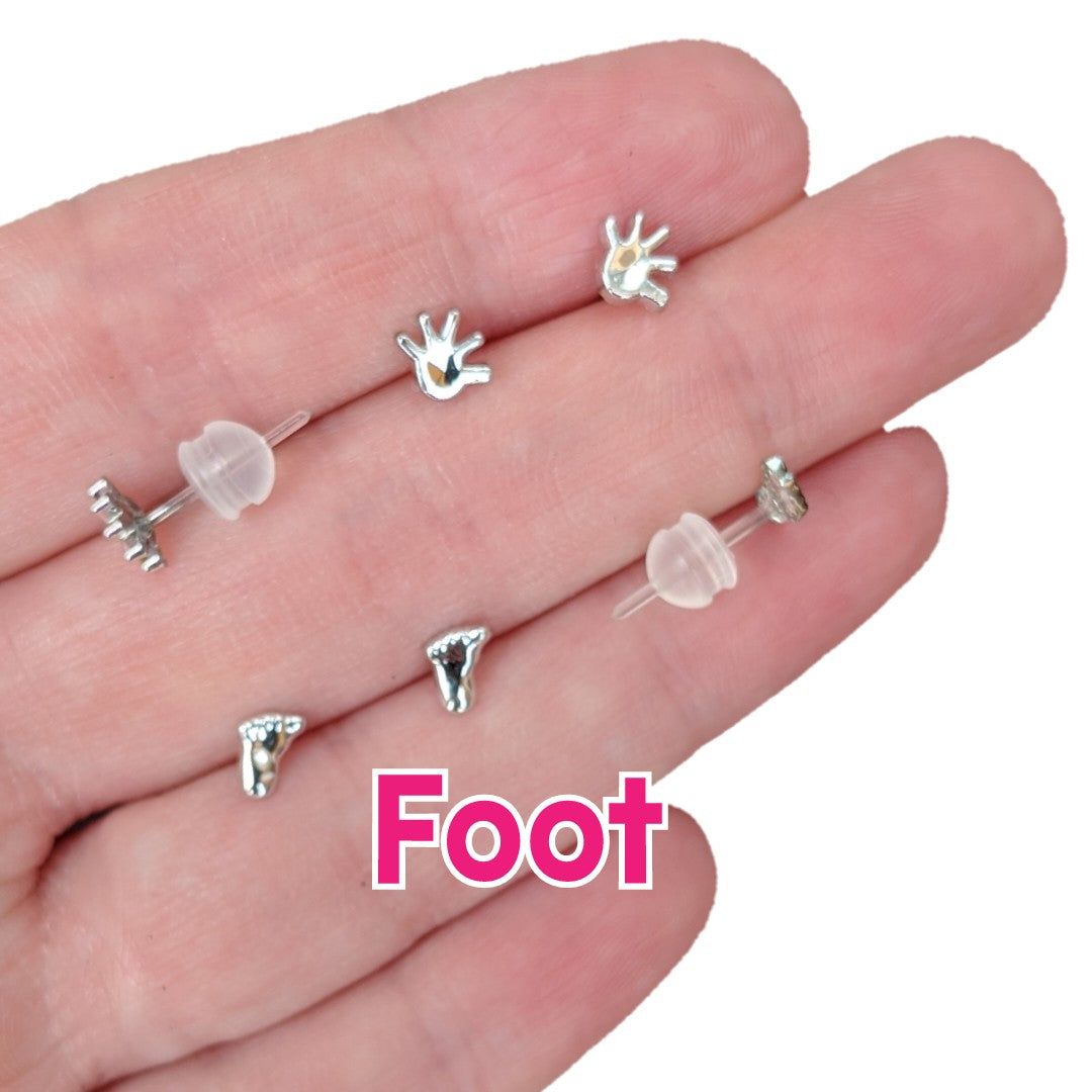 Tiny Hand & Foot Earrings (Studs) - silver foot