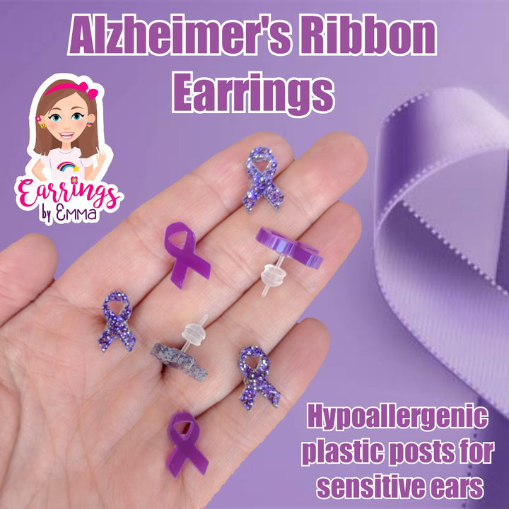 Ribbon Earrings (Studs) - size comparison hand - alzheimer's awareness ribbon earrings