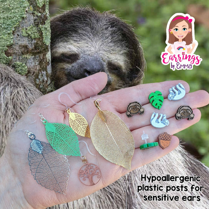 Wooden Sloth Earrings (Studs) - size comparison hand