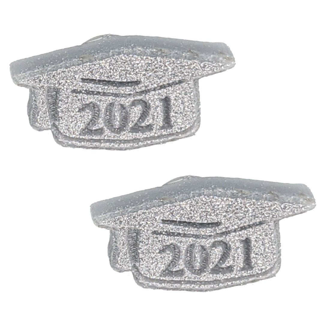 Graduation Cap Earrings (Studs) - 2021 glitter silver