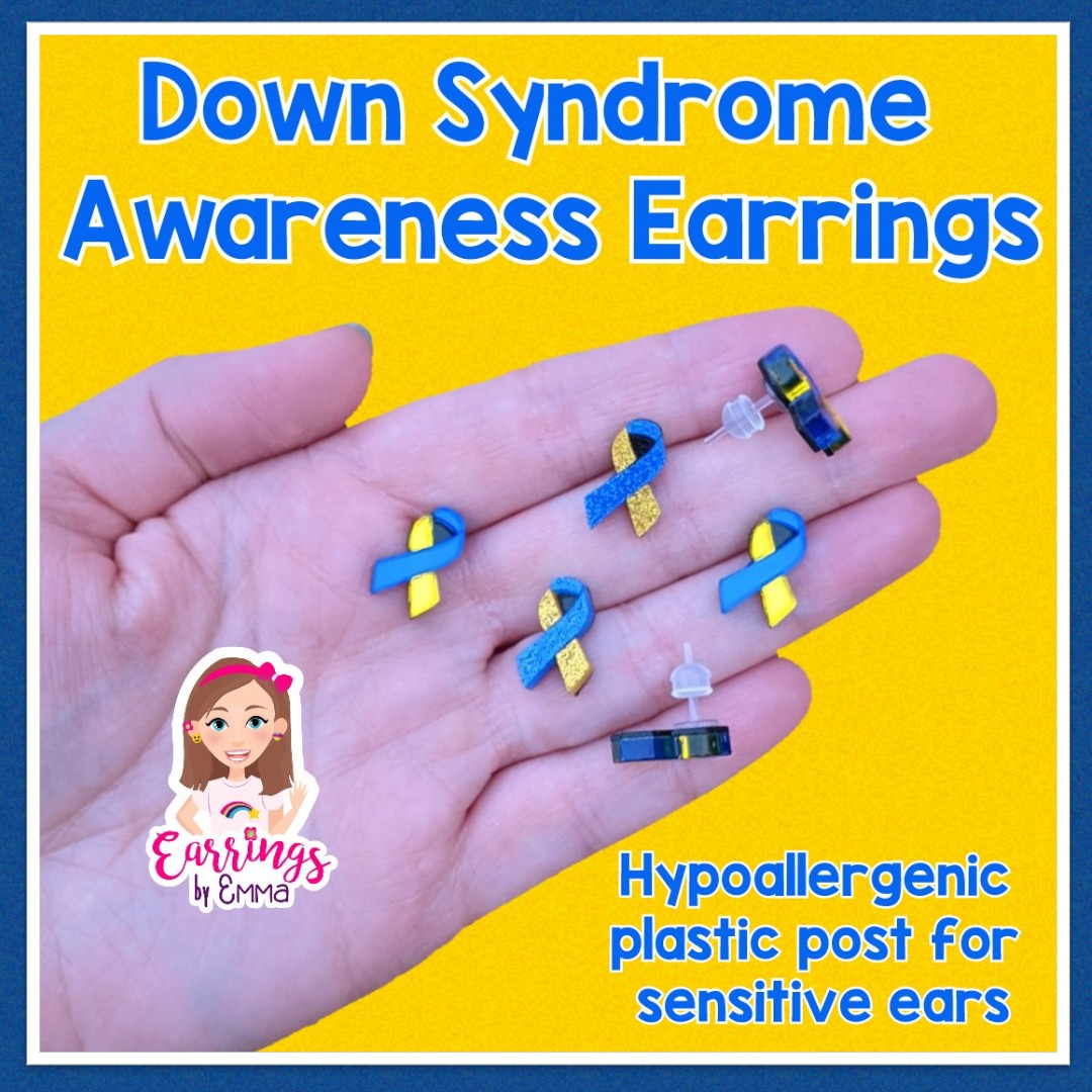 Ribbon Earrings (Studs) - down sydrome awareness - size comparison hand