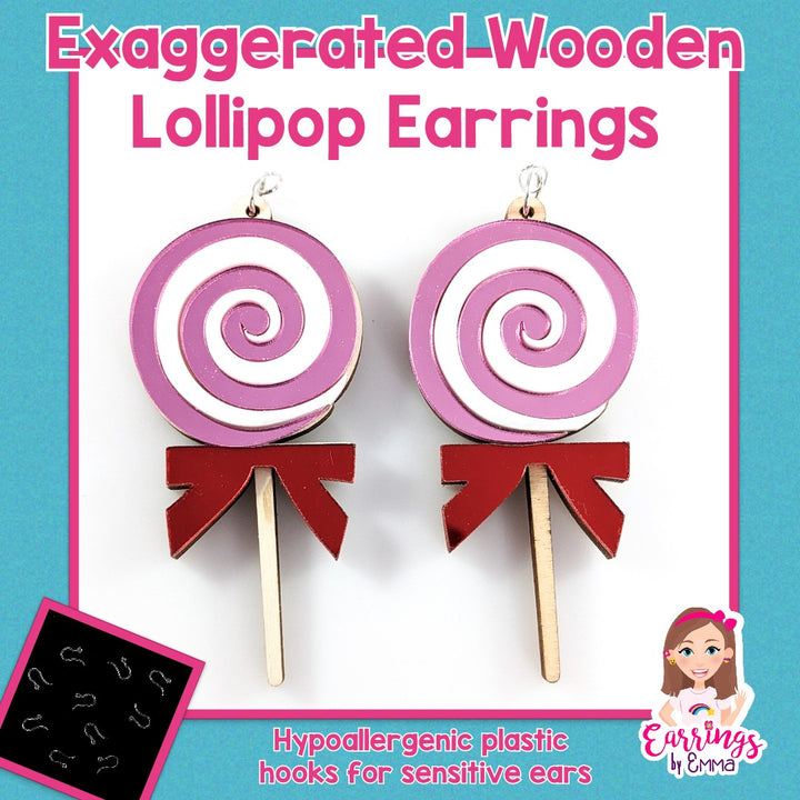 Exaggerated Wooden Lollipop Dangles Hypoallergenic Earrings for Sensitive Ears Made with Plastic Posts