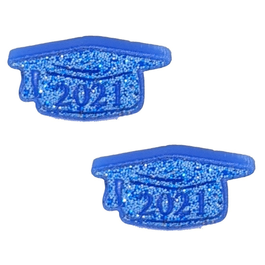 Graduation Cap Earrings (Studs) - 2021 glitter blue