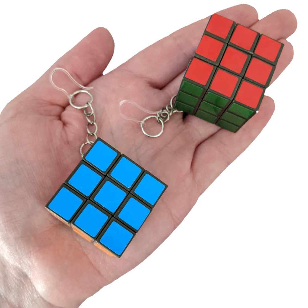 Exaggerated Puzzle Cube Earrings (Dangles) - size comparison hand