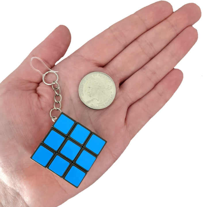 Exaggerated Puzzle Cube Earrings (Dangles) - size comparison quarter & hand