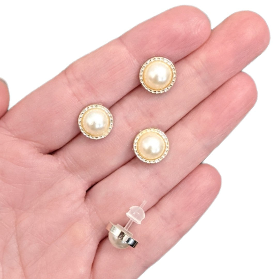 Minimalist Gold Rimmed Pearl Earrings (Studs)