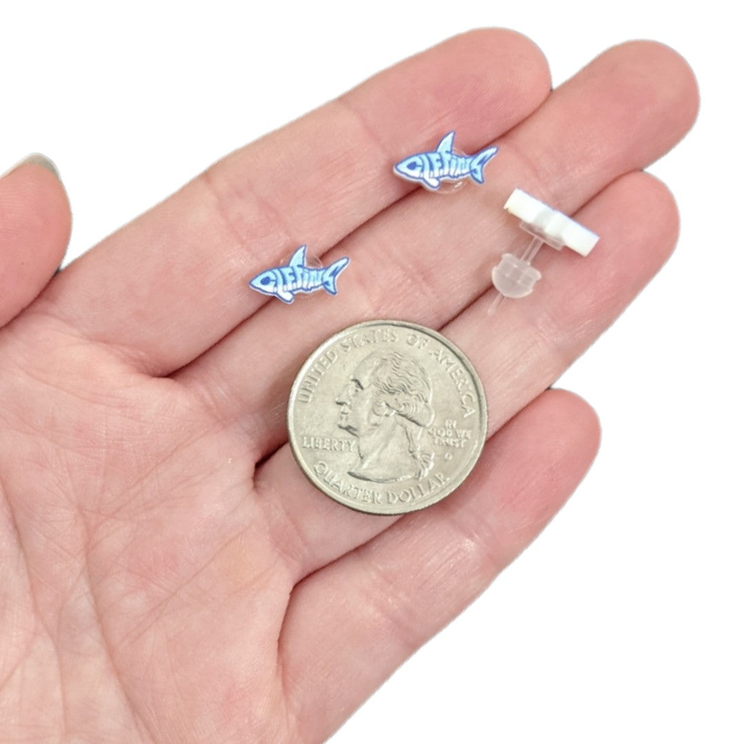 Clear Lake Forest Fins Swimming Earrings (Studs) - size comparison quarter and hand