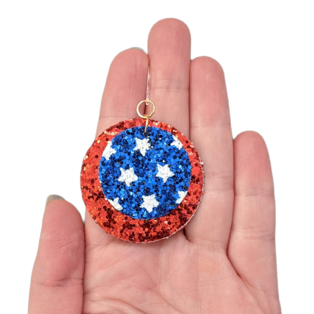 Glitter America Earrings (Dangles) - double layer red & stars - size comparison hand