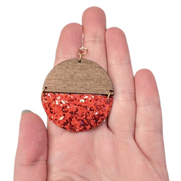 Glitter America Earrings (Dangles) - round half wood & red - size comparison hand