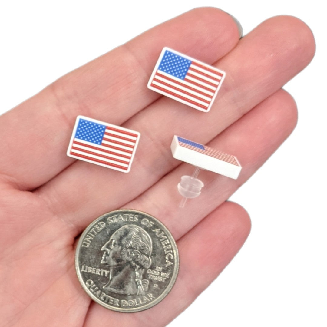 American Flag Earrings (Studs) - size comparison quarter & hand