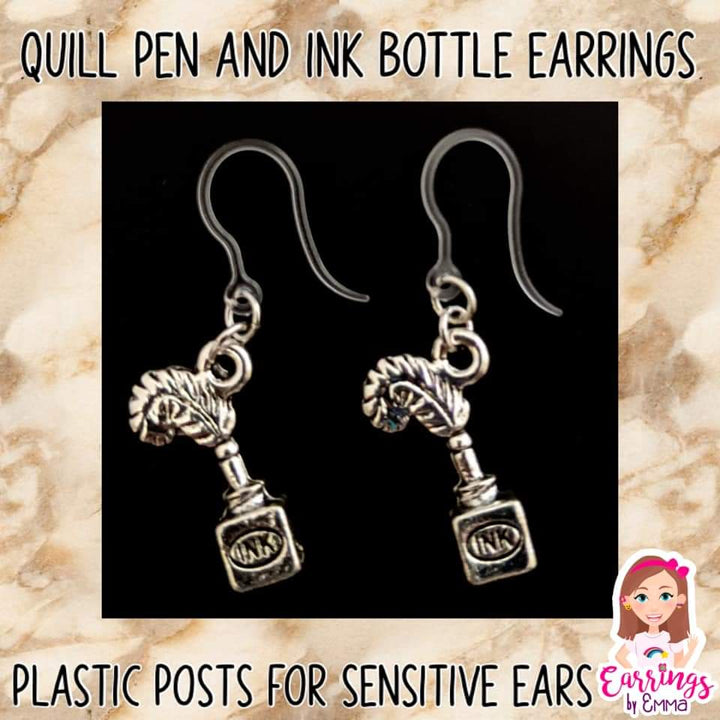 Quill Pen & Ink Bottle Earrings (Dangles)