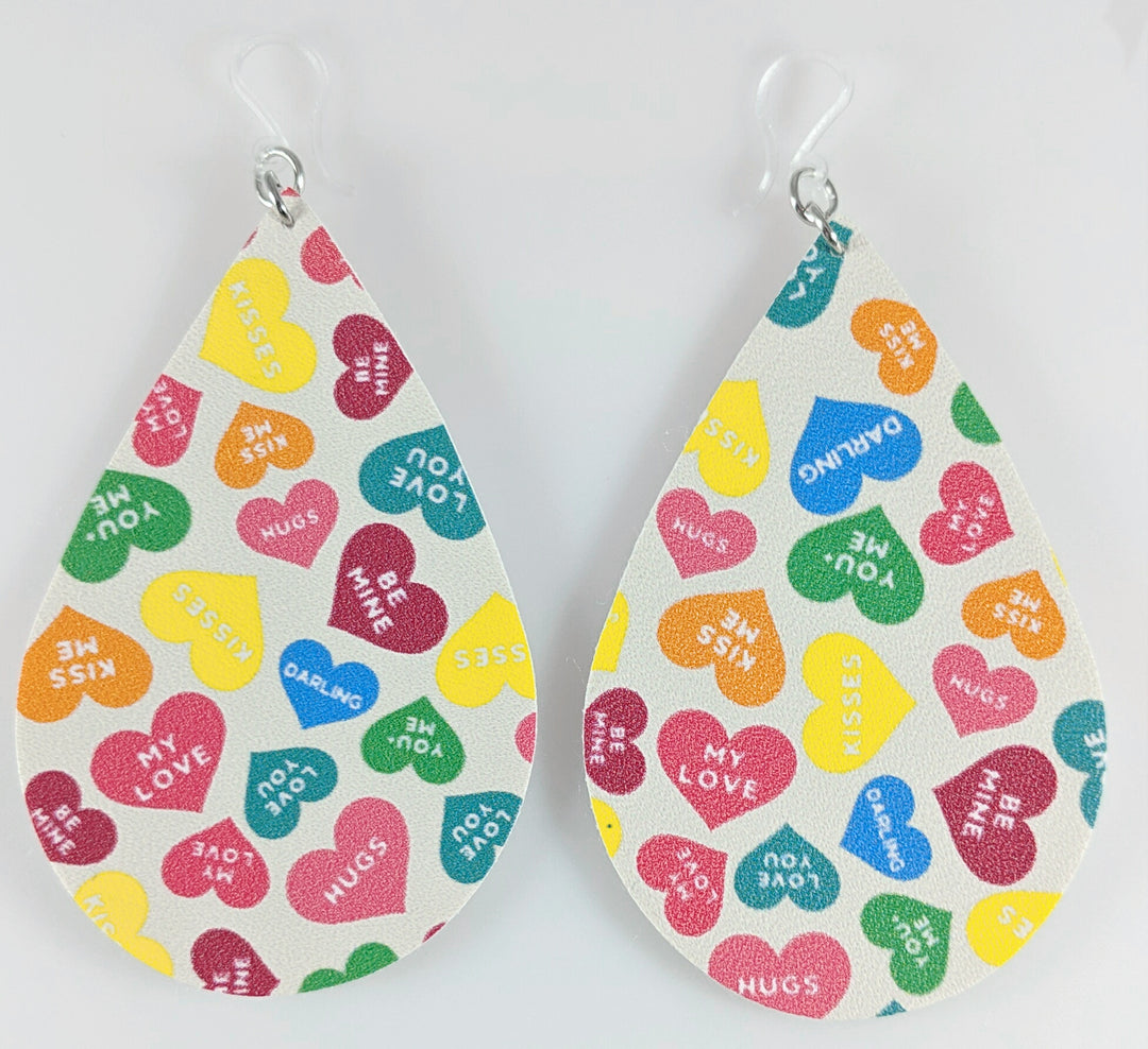 Conversation Hearts Teardrop Earrings (Teardrop Dangles) - multi-colored on white