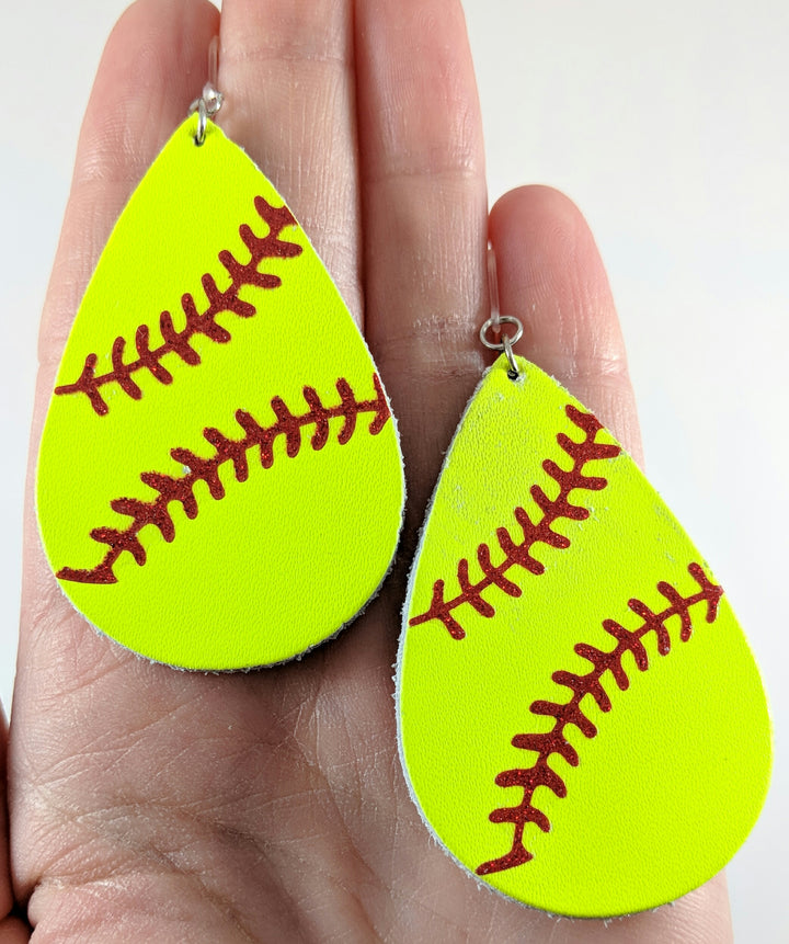 Softball Stitch Earrings (Teardrop Dangles) - size comparison hand