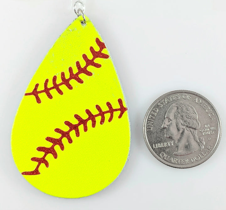 Softball Stitch Earrings (Teardrop Dangles) - size comparison quarter