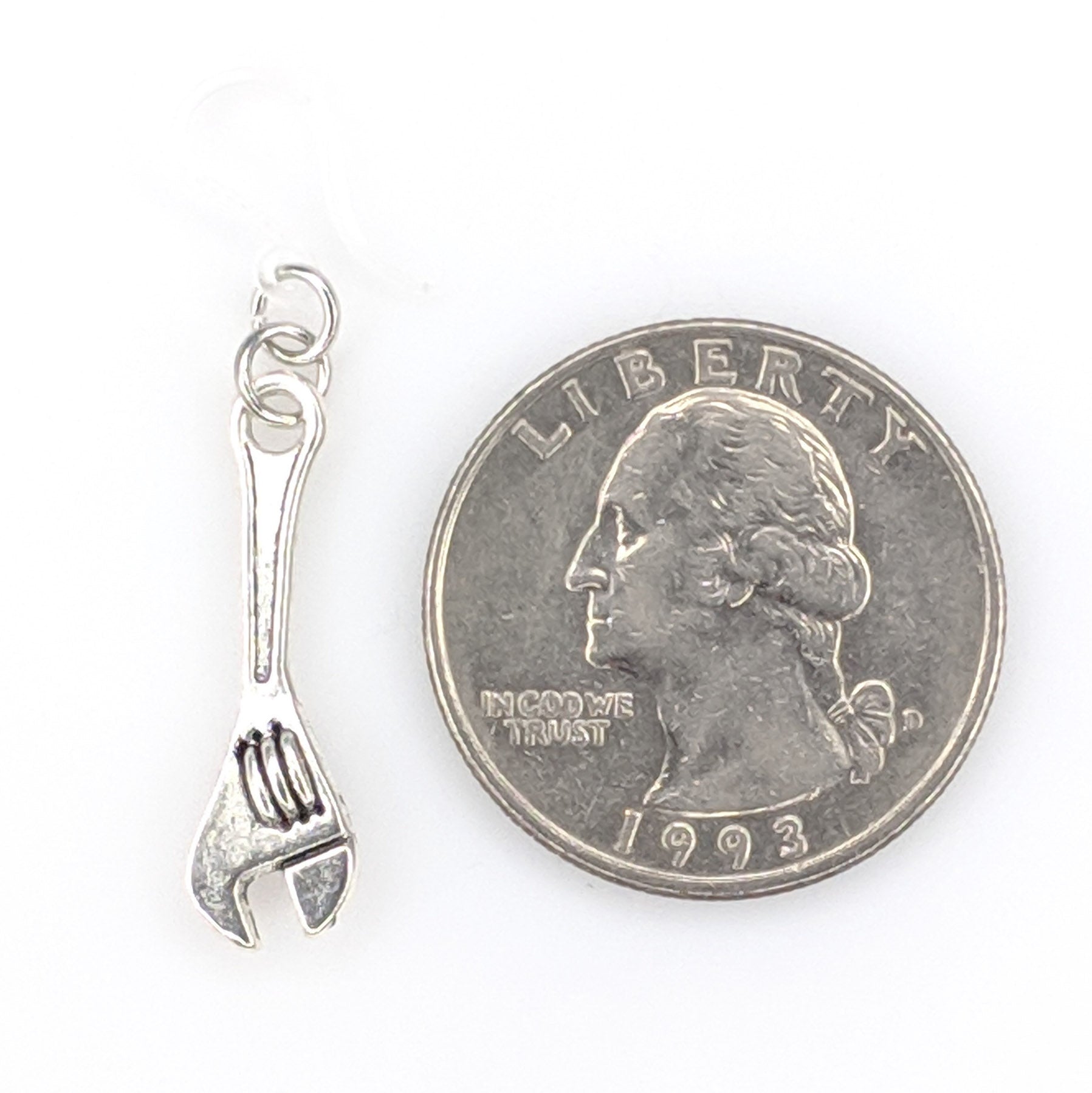 Monkey Wrench Earrings (Dangles) - size comparison quarter