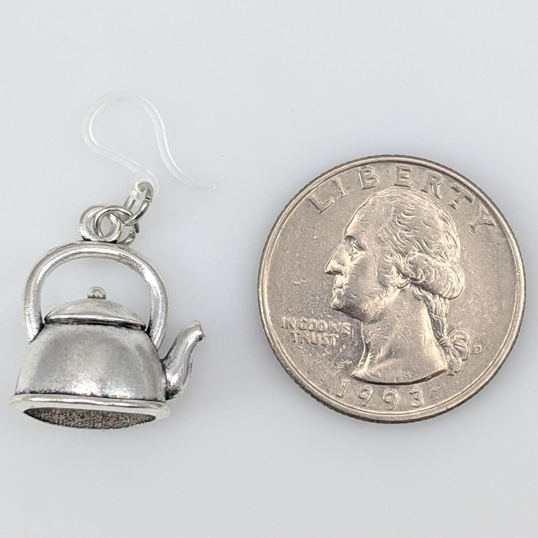 Tea Kettle Earrings (Dangles) - size comparison quarter