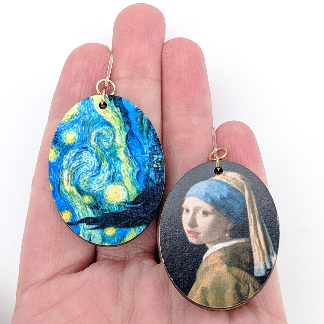 Wooden Painting Earrings (Dangles) - size comparison hand