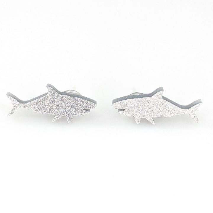 Glitter Shark Earrings (Studs) - silver glitter