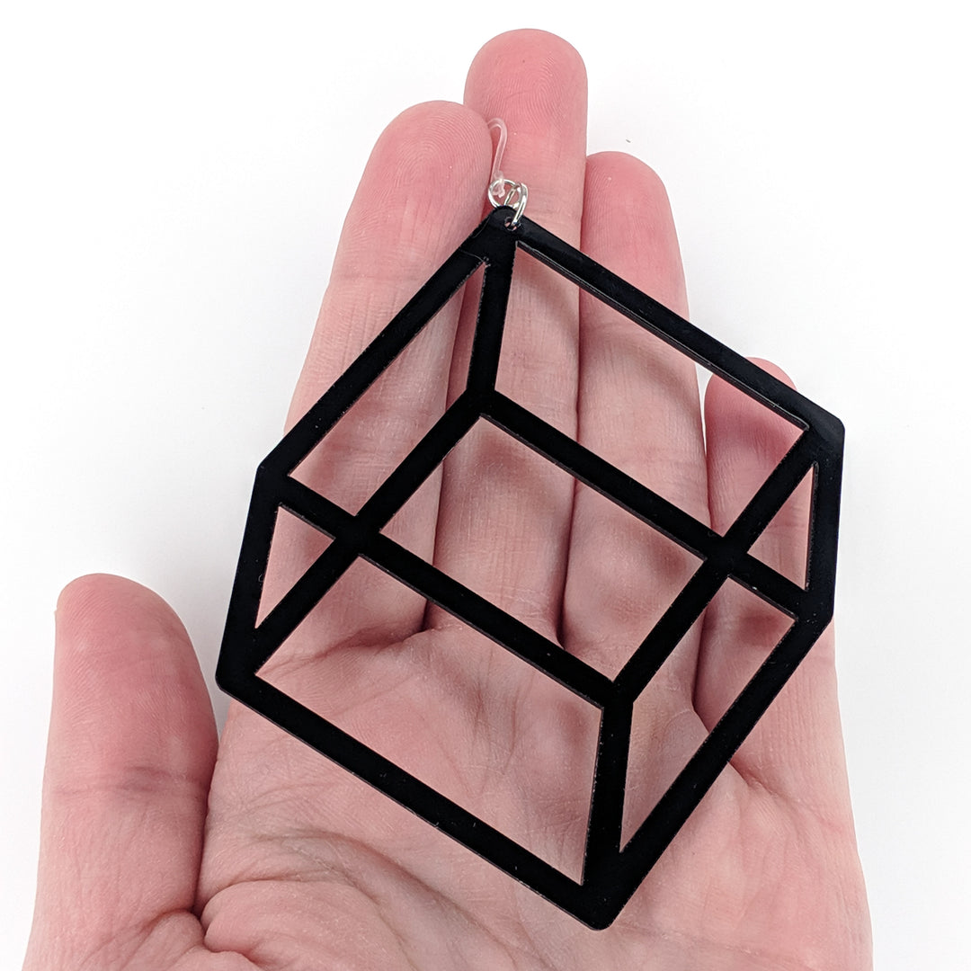 Exaggerated 3D Cube Earrings (Dangles) - size comparison hand