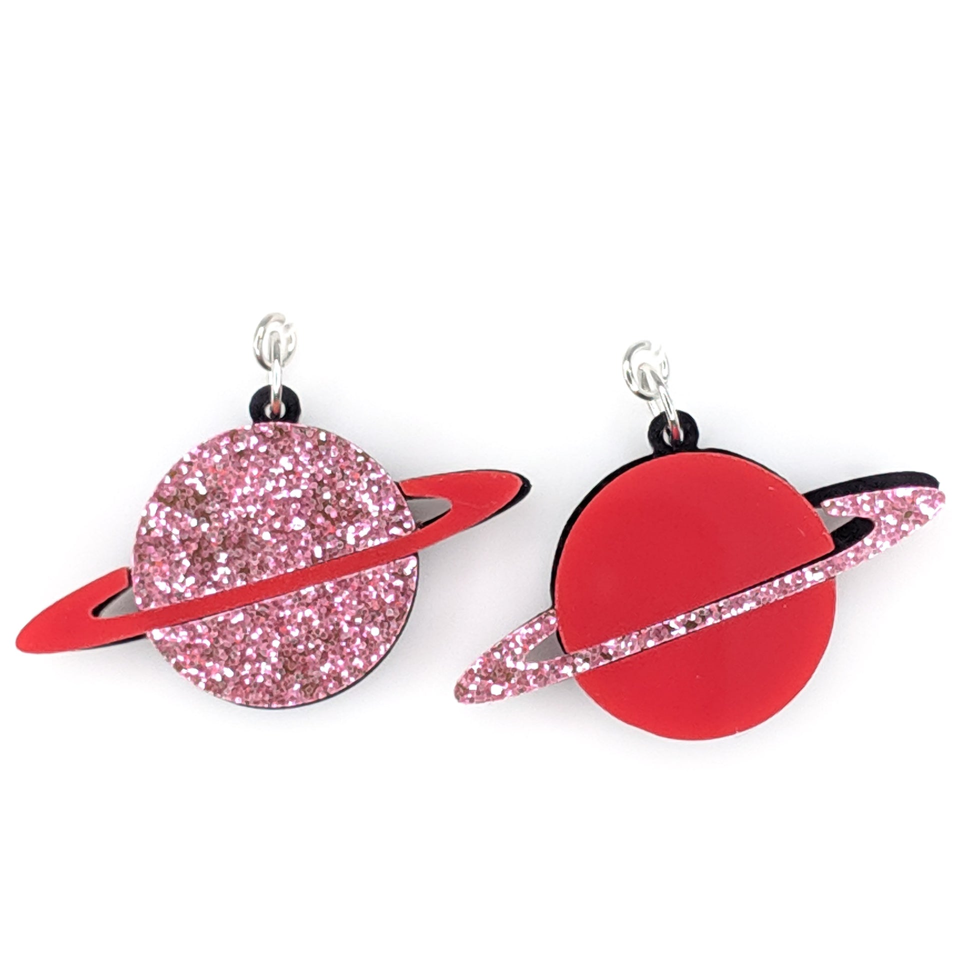 Ringed Planet Earrings (Dangles) - red and pink