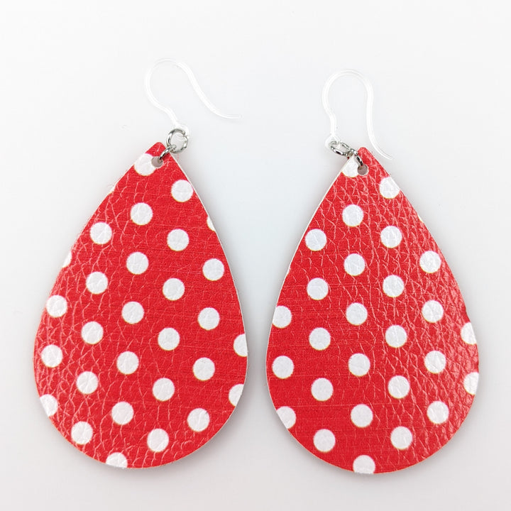 Red & White Polka Dot Earrings (Teardrop Dangles) - red and white