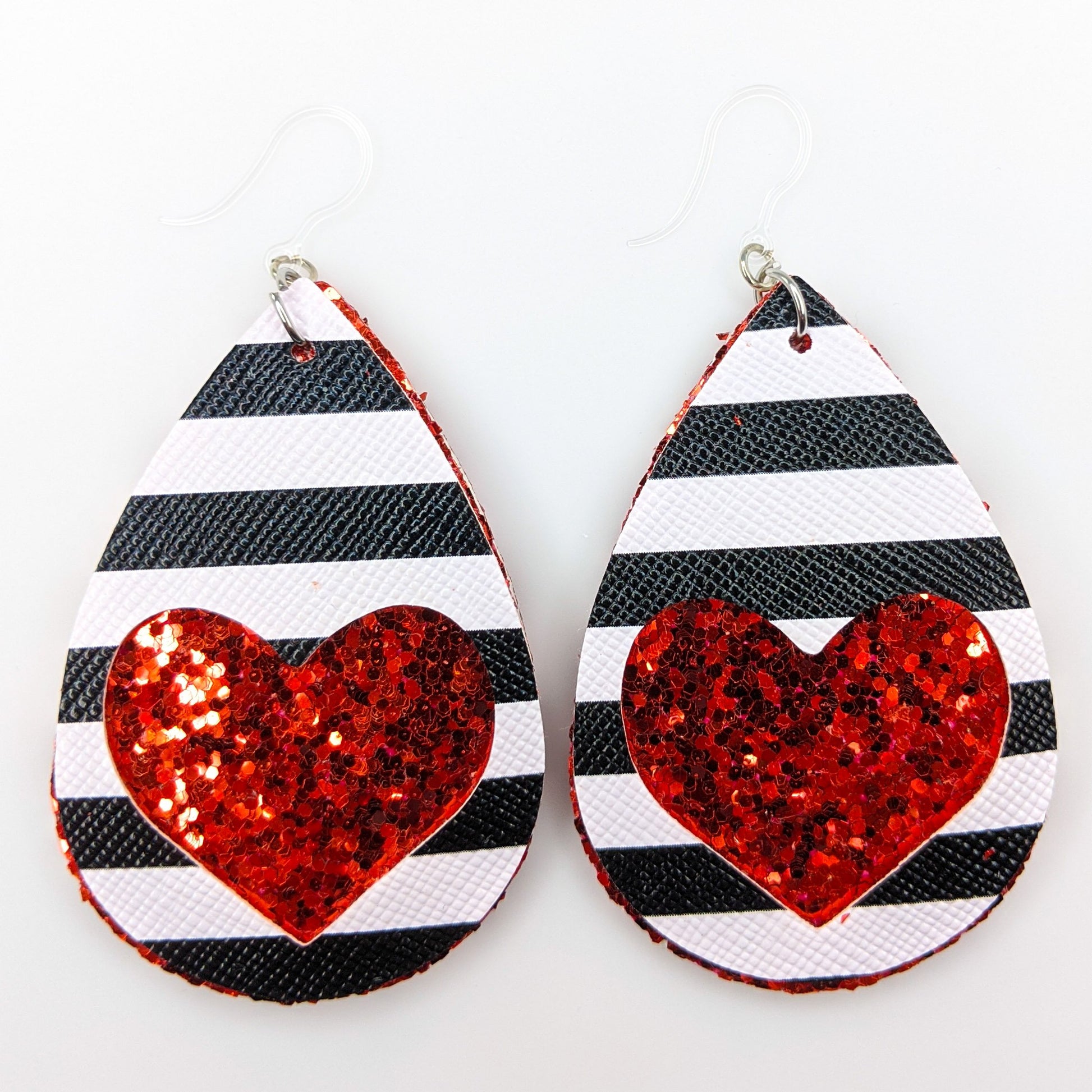 Double Layer Heart Earrings (Teardrop Dangles) - red glitter