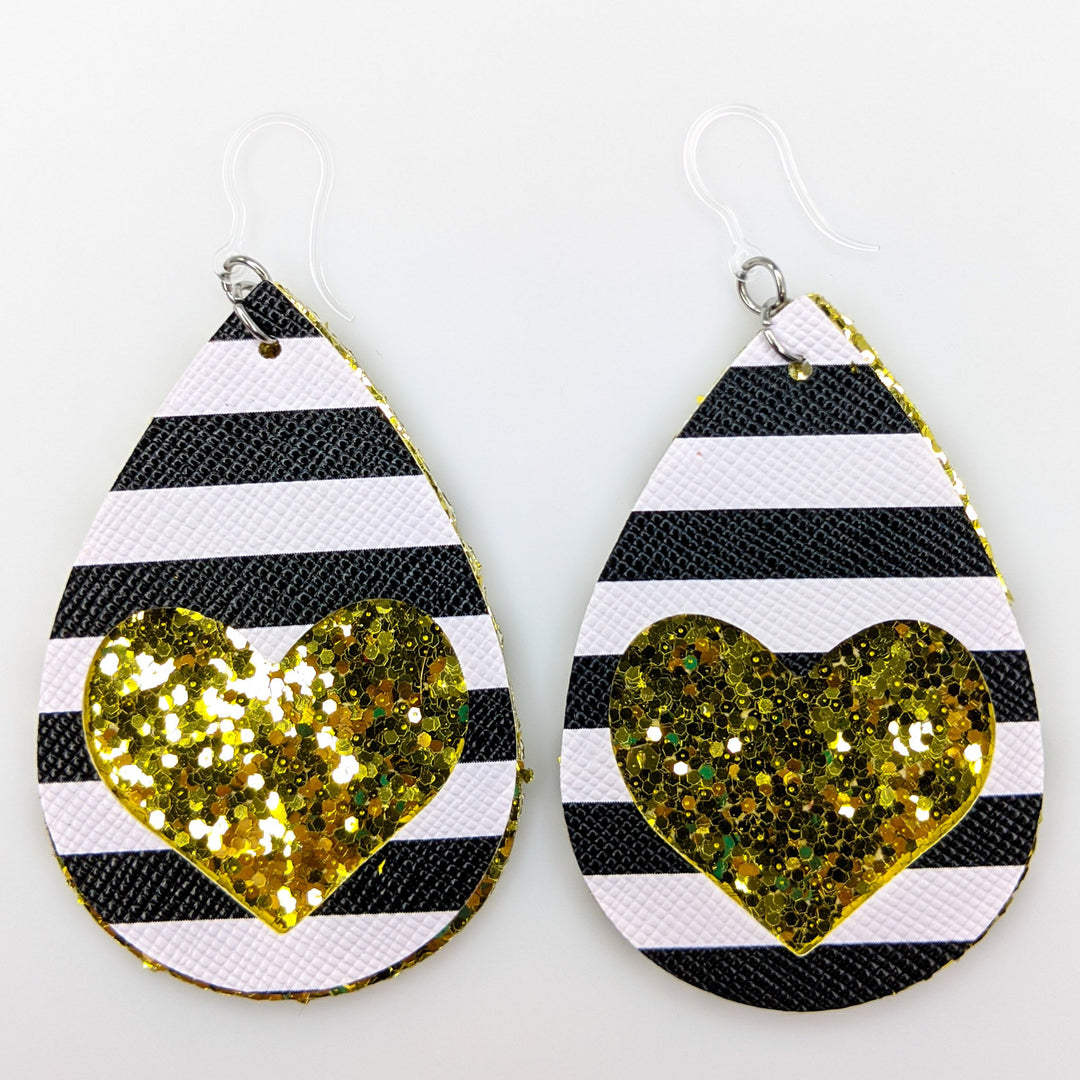Double Layer Heart Earrings (Teardrop Dangles) - gold glitter
