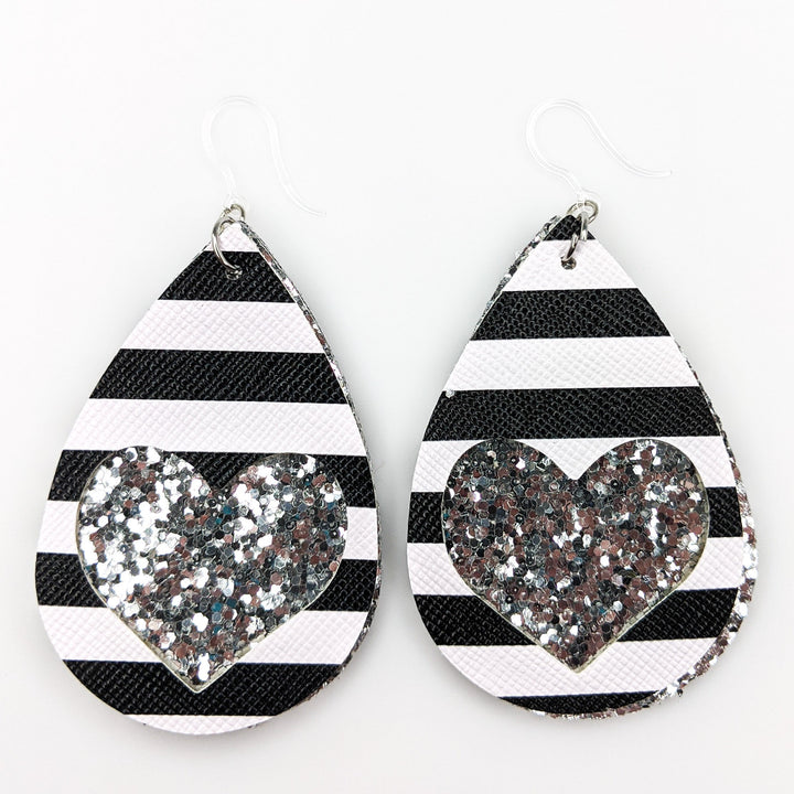 Double Layer Heart Earrings (Teardrop Dangles) - silver glitter