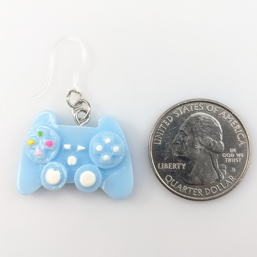 Exaggerated Game Controller Earrings (Dangles) - size comparison quarter