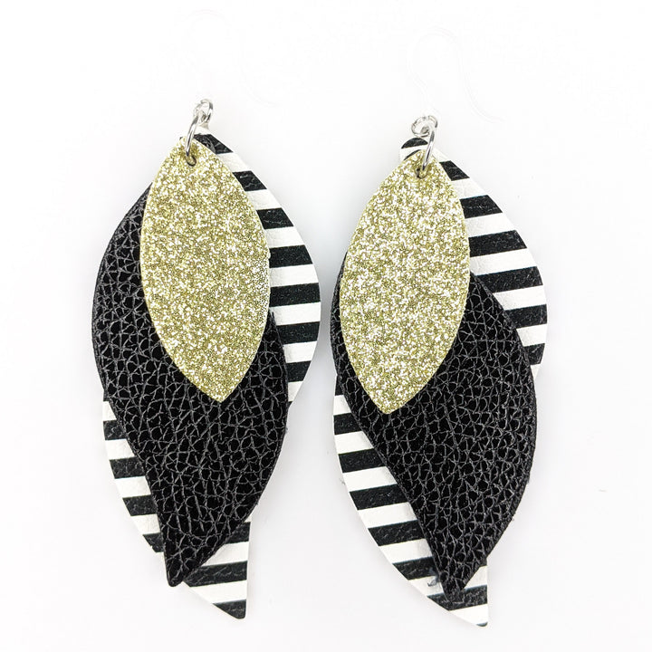 Triple Layer Curvy Glitter Earrings (Dangles) - black/white stripe gold glitter