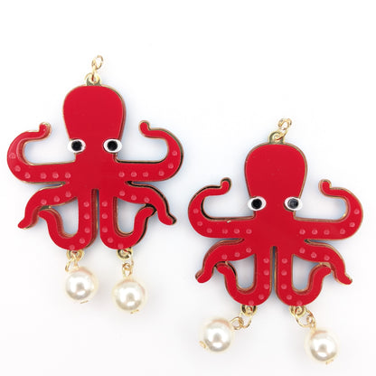 Exaggerated Pearl Octopus Earrings (Dangles) - red