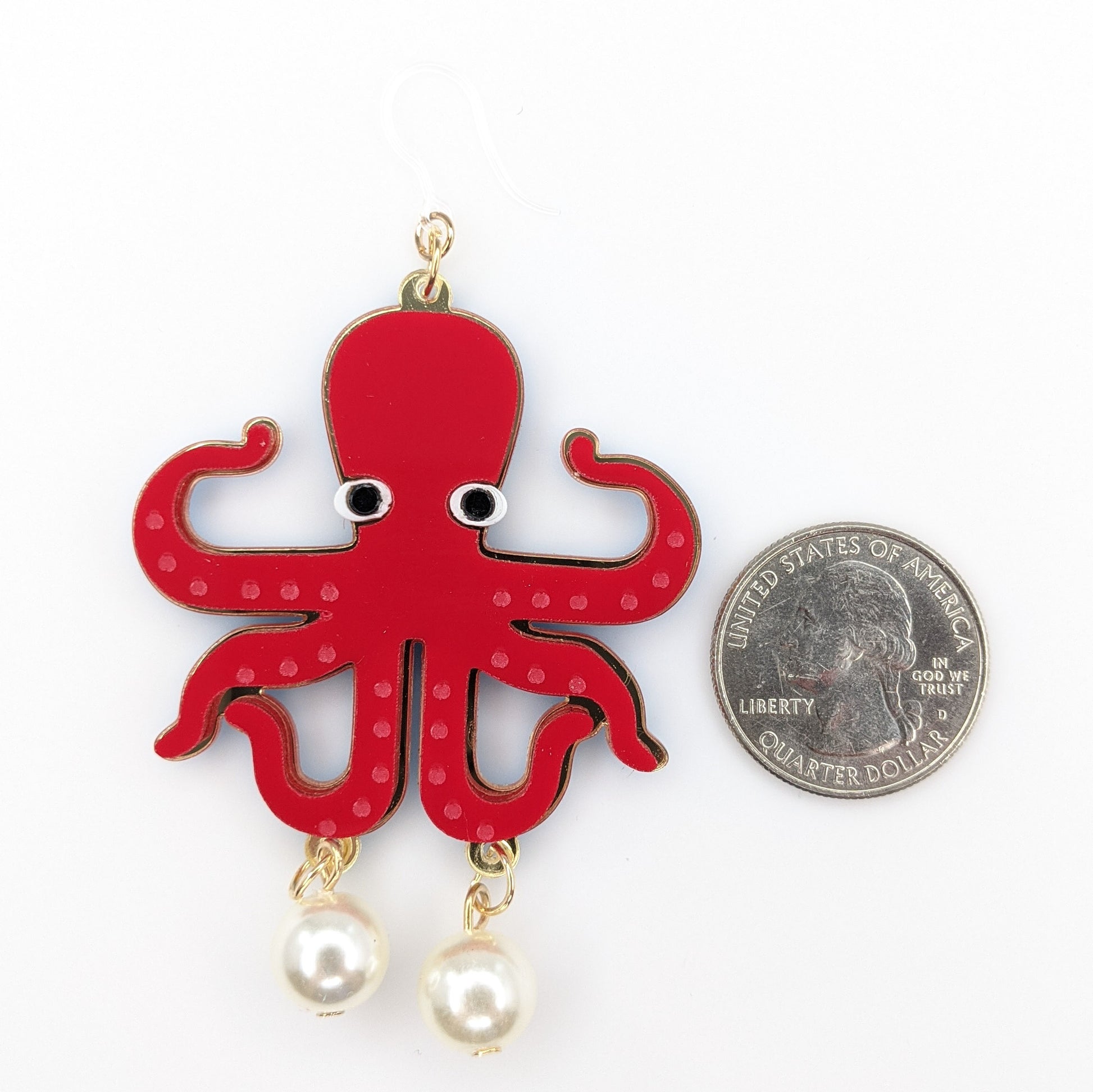 Exaggerated Pearl Octopus Earrings (Dangles) - size comparison quarter