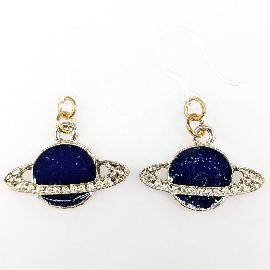 Sparkly Ringed Planet Earrings (Dangles) - blue