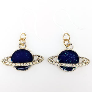 Sparkly Ringed Planet Earrings (Dangles) - blue