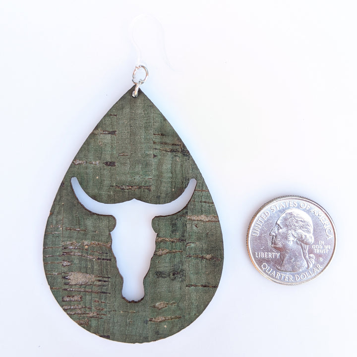 Cork Longhorn Earrings (Teardrop Dangles) - size comparison quarter