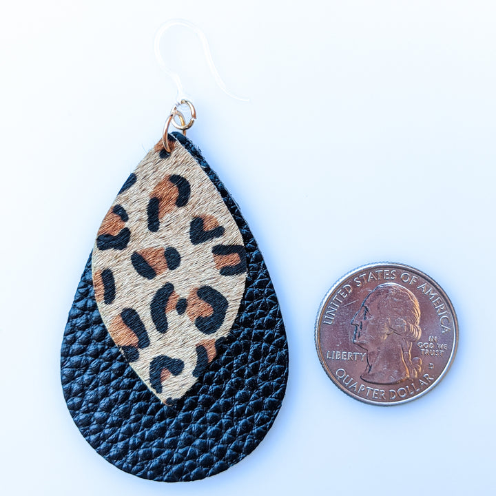 Double Layer Leopard Print Earrings (Teardrop Dangles) - size comparison quarter